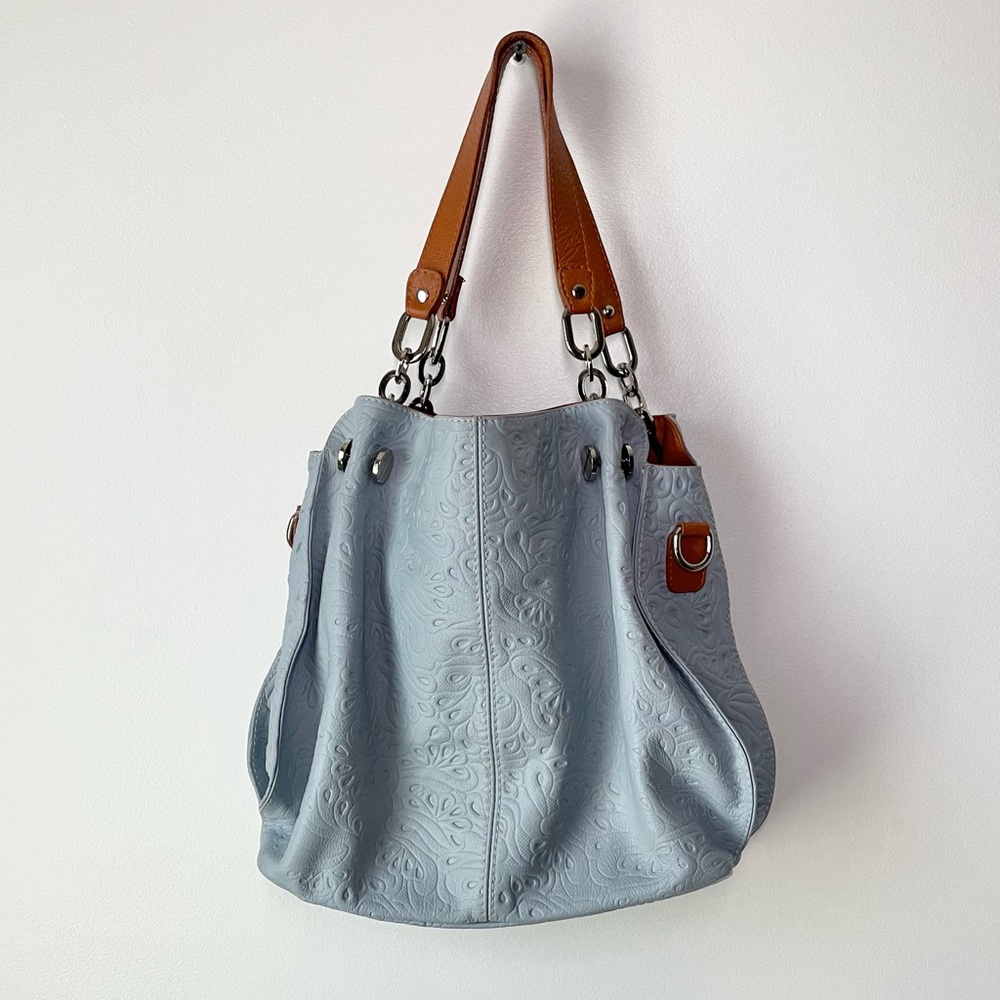 Italian leather Borse in Pelle baby blue textured hobo shoulder bag purse